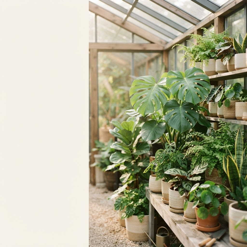 Lush houseplants in a sunlit greenhouse